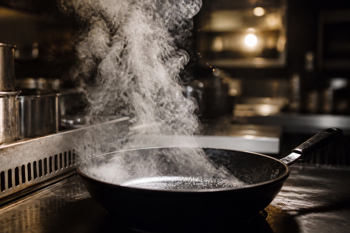 Steam lifting from a hot kitchen pan